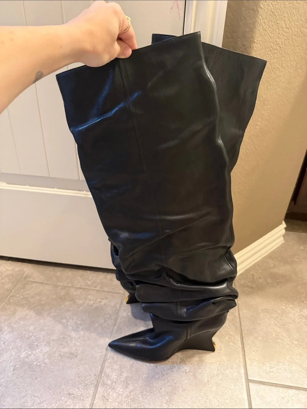 Balmain Black Slouchy Pointed-Toe Over-the-Knee Boots